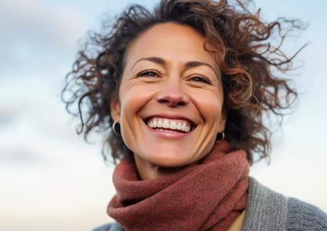Smiling woman with curly hair wearing a red scarf outdoors